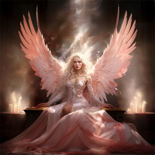 Illustration of Chrysalla, Starfallen of the Aerie, seated in the meditation chamber. She has radiant pink feathered wings and exudes wisdom and grace, with the serene, candlelit walls of the chamber carved from the mountain behind her.